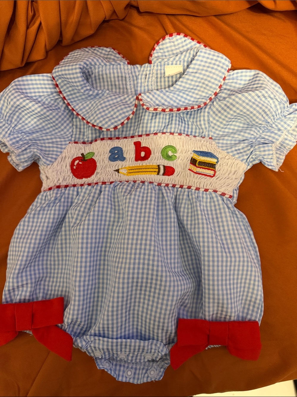 Blue Gingham ABC Smocked Baby Romper with Red Accents